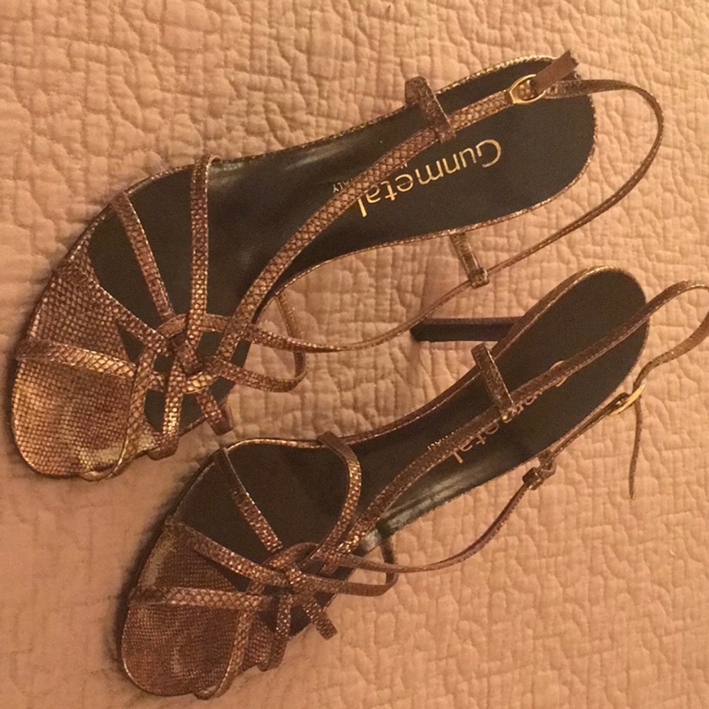 Gunmetal gold skin evening strappy sandals